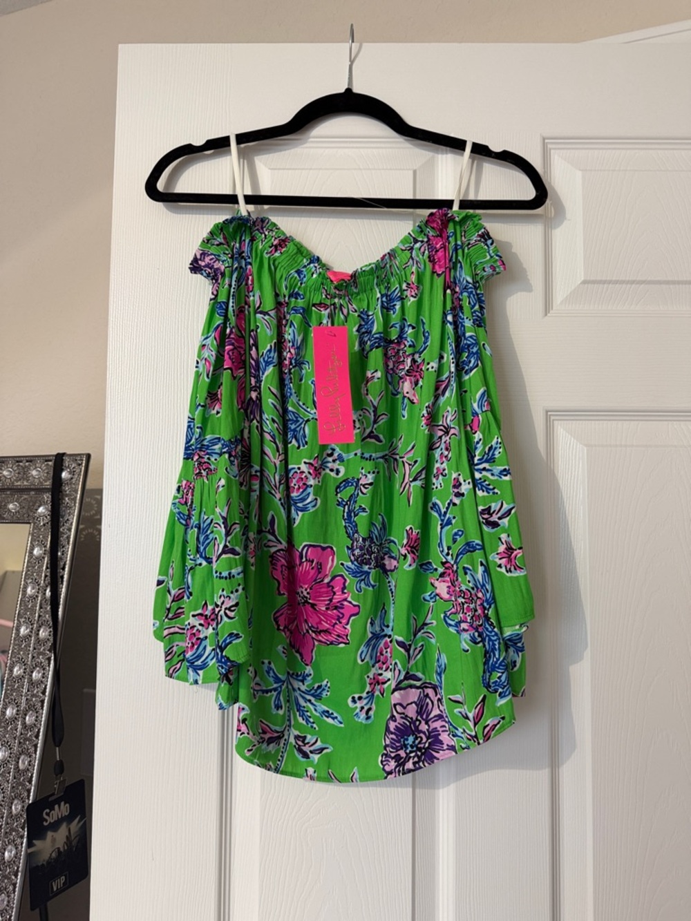 Lilly Pulitzer Green Floral Off-Shoulder Tunic with Pink & Blue Blooms